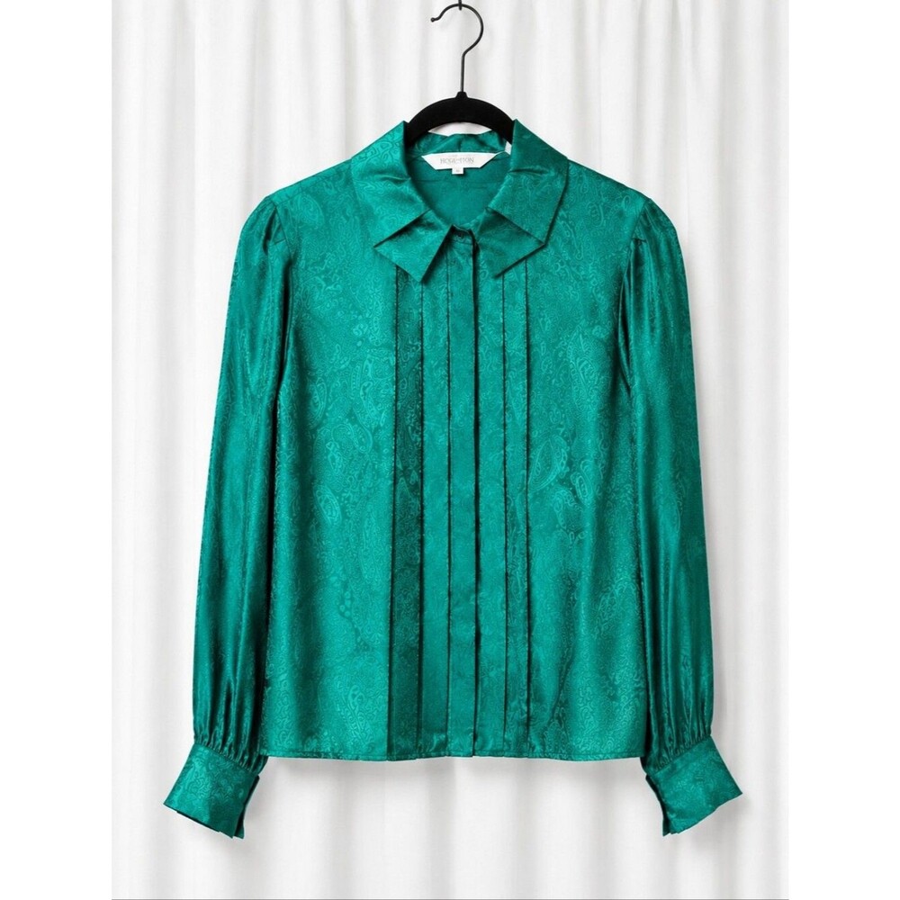 Vintage Horchow Silk Paisley Jacquard Pleated Green Hidden Placket Luxury Blouse